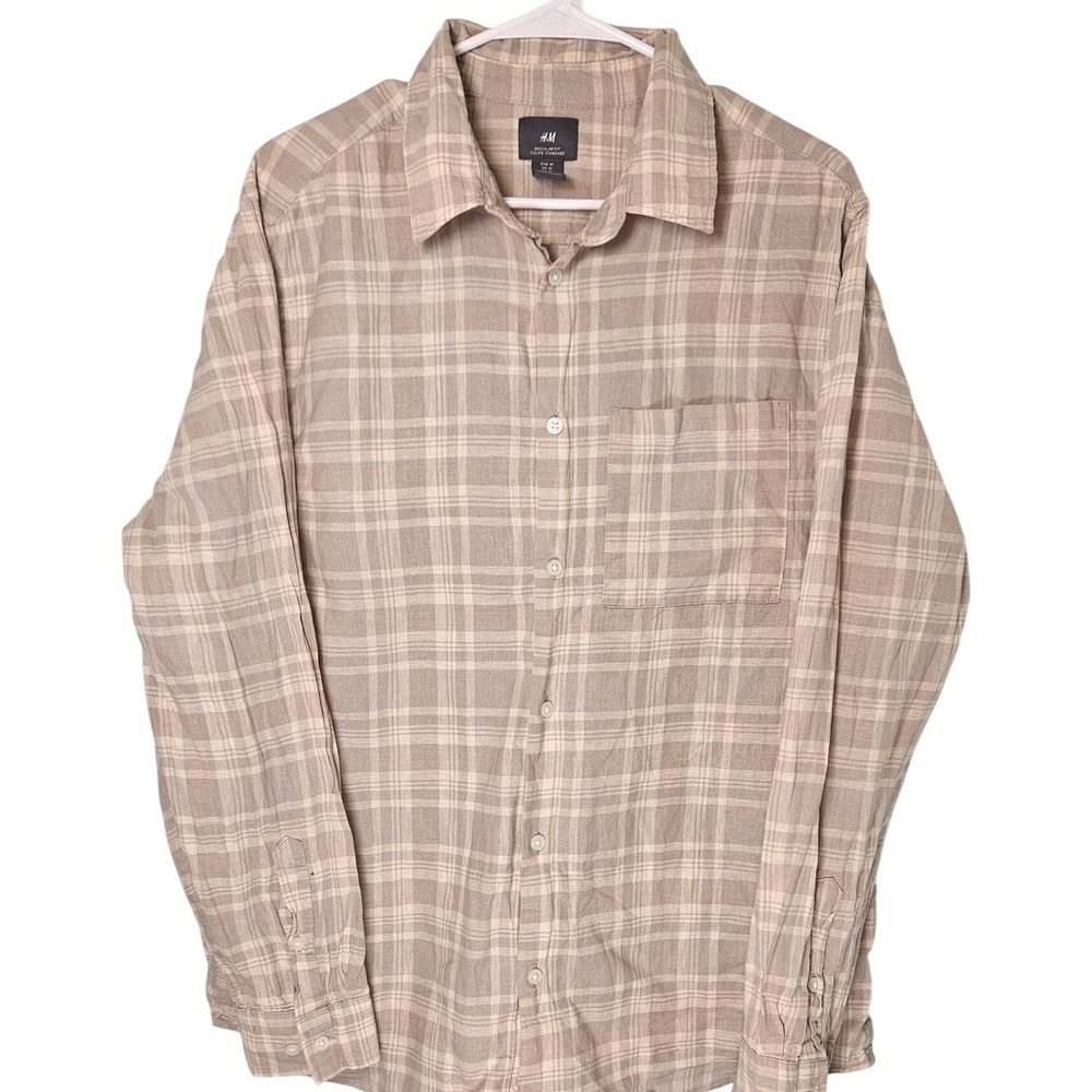 H&M Mens Linen Blend Plaid‎ Button Down Shirt Beige Medium Neutral Minimalist